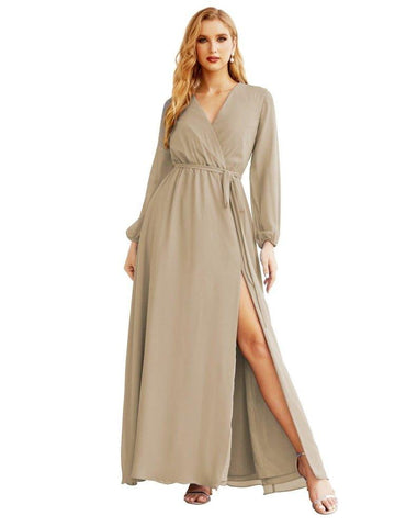 Women's Chiffon Bridesmaid Dress A line Long Sleeves Formal Evening Prom Gown for Wedding Guest SEA28032