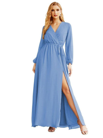 Women's Chiffon Bridesmaid Dress A line Long Sleeves Formal Evening Prom Gown for Wedding Guest SEA28032
