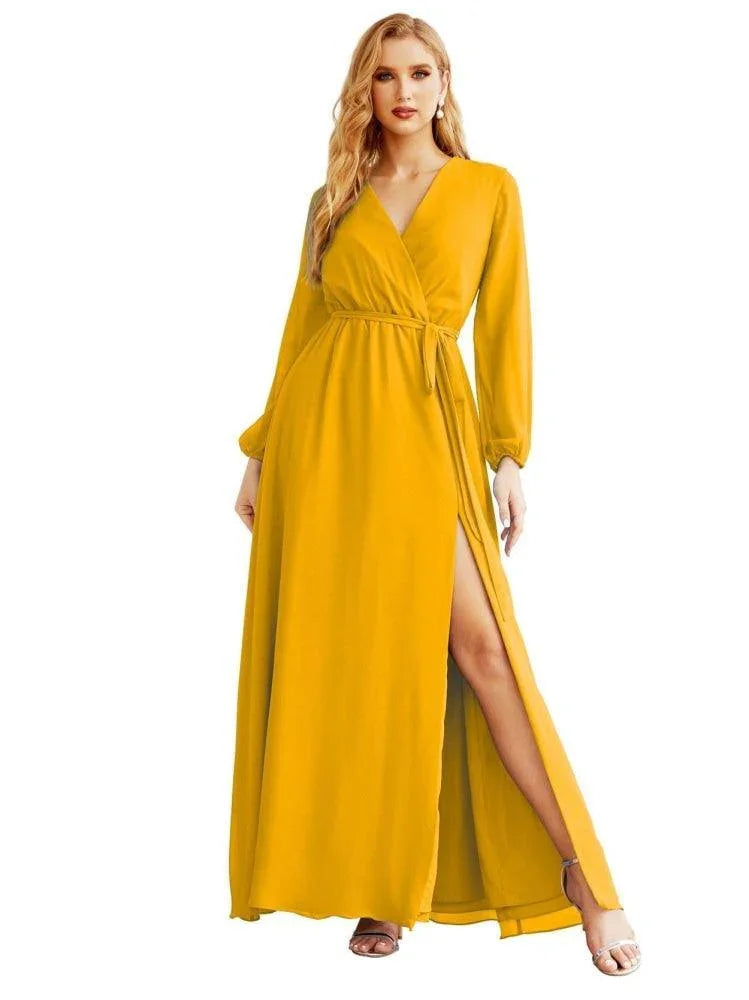 Robe de demoiselle d'honneur en mousseline pour femme, ligne A, manches longues, robe de soirée formelle pour bal, invitée de mariage SEA28032