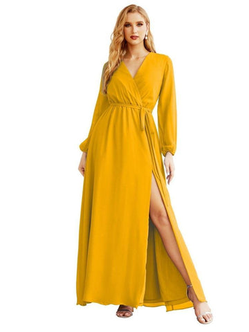 Women's Chiffon Bridesmaid Dress A line Long Sleeves Formal Evening Prom Gown for Wedding Guest SEA28032