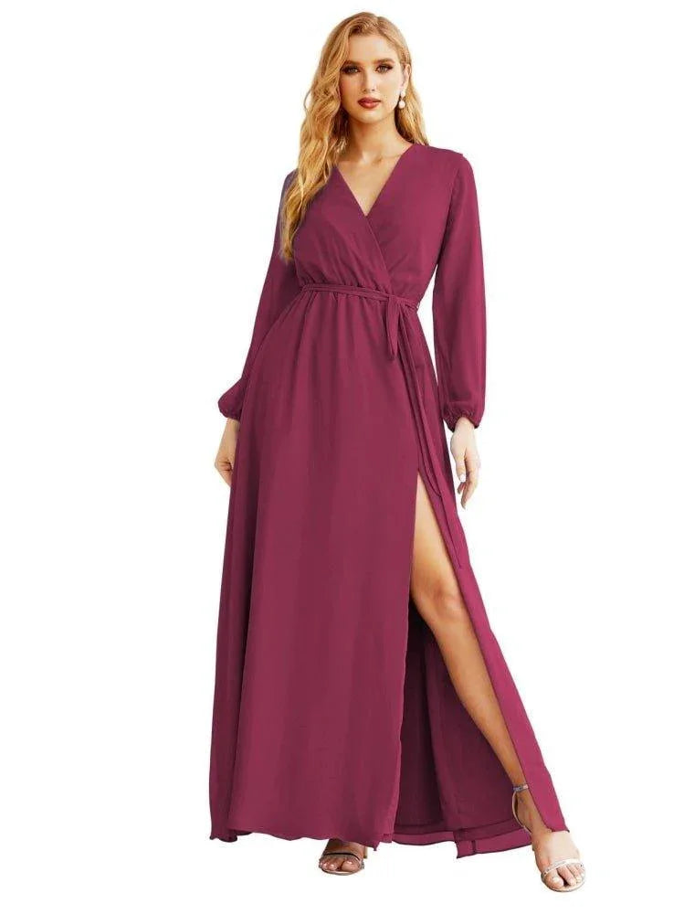 Robe de demoiselle d'honneur en mousseline pour femme, ligne A, manches longues, robe de soirée formelle pour bal, invitée de mariage SEA28032