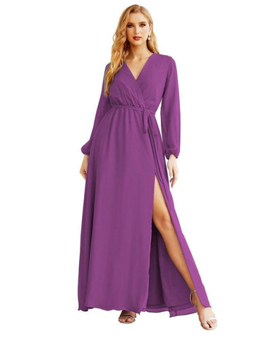 Women's Chiffon Bridesmaid Dress A line Long Sleeves Formal Evening Prom Gown for Wedding Guest SEA28032