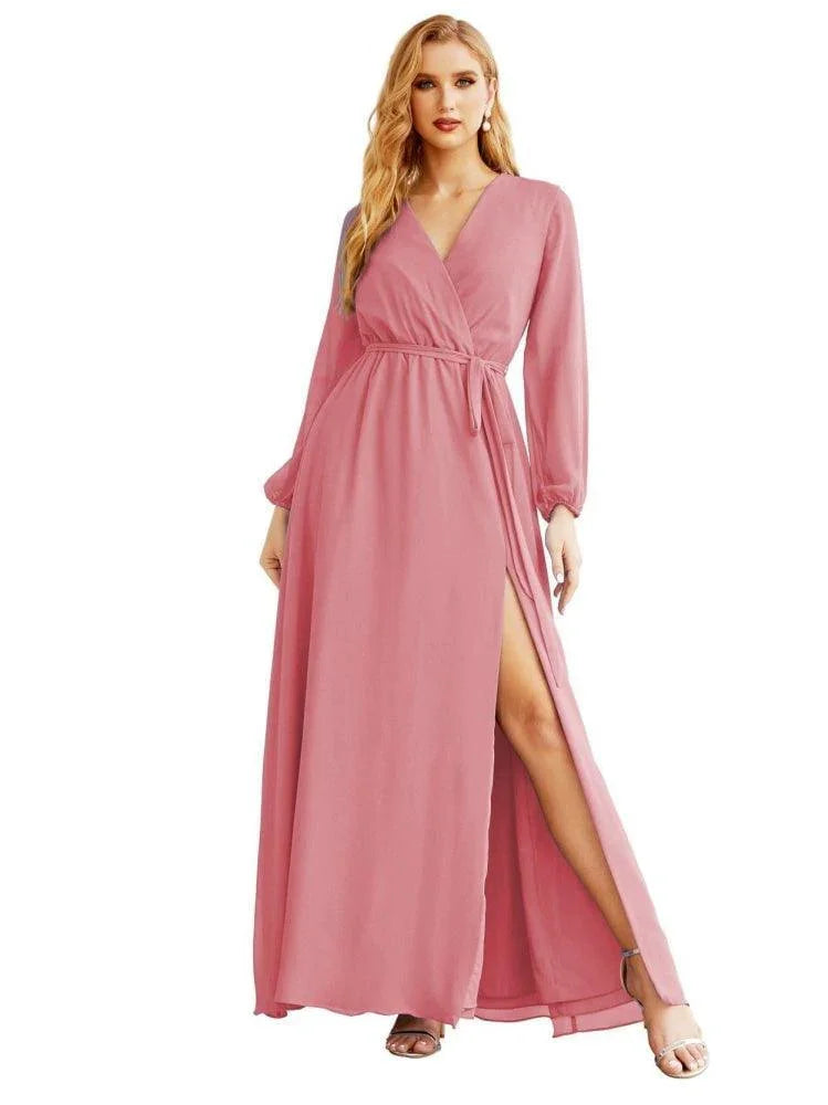 Robe de demoiselle d'honneur en mousseline pour femme, ligne A, manches longues, robe de soirée formelle pour bal, invitée de mariage SEA28032