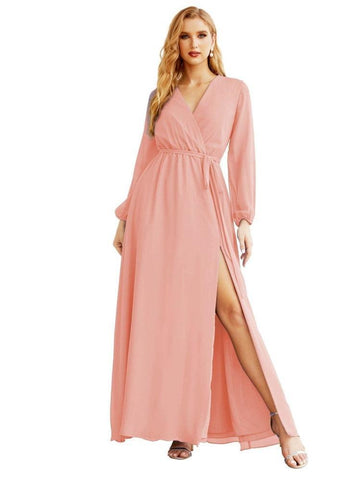 Women's Chiffon Bridesmaid Dress A line Long Sleeves Formal Evening Prom Gown for Wedding Guest SEA28032