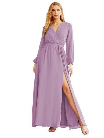 Women's Chiffon Bridesmaid Dress A line Long Sleeves Formal Evening Prom Gown for Wedding Guest SEA28032