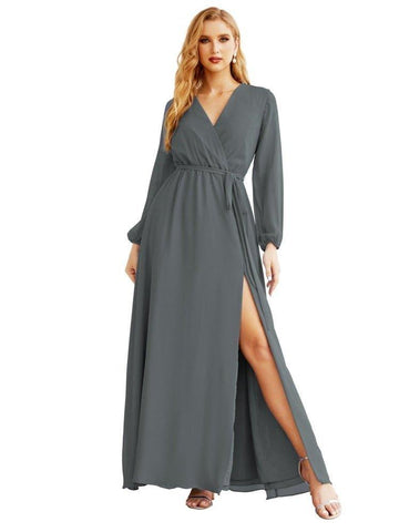 Women's Chiffon Bridesmaid Dress A line Long Sleeves Formal Evening Prom Gown for Wedding Guest SEA28032