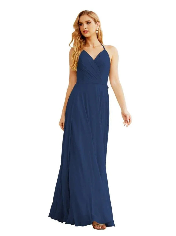 Robes de demoiselle d'honneur en mousseline à col licou pour femmes Vêtements de mariage Robe longue sans manches formelle de bal avec dos à volants SEA28035