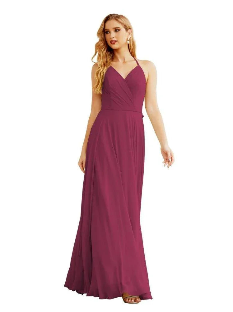 Robes de demoiselle d'honneur en mousseline à col licou pour femmes Vêtements de mariage Robe longue sans manches formelle de bal avec dos à volants SEA28035