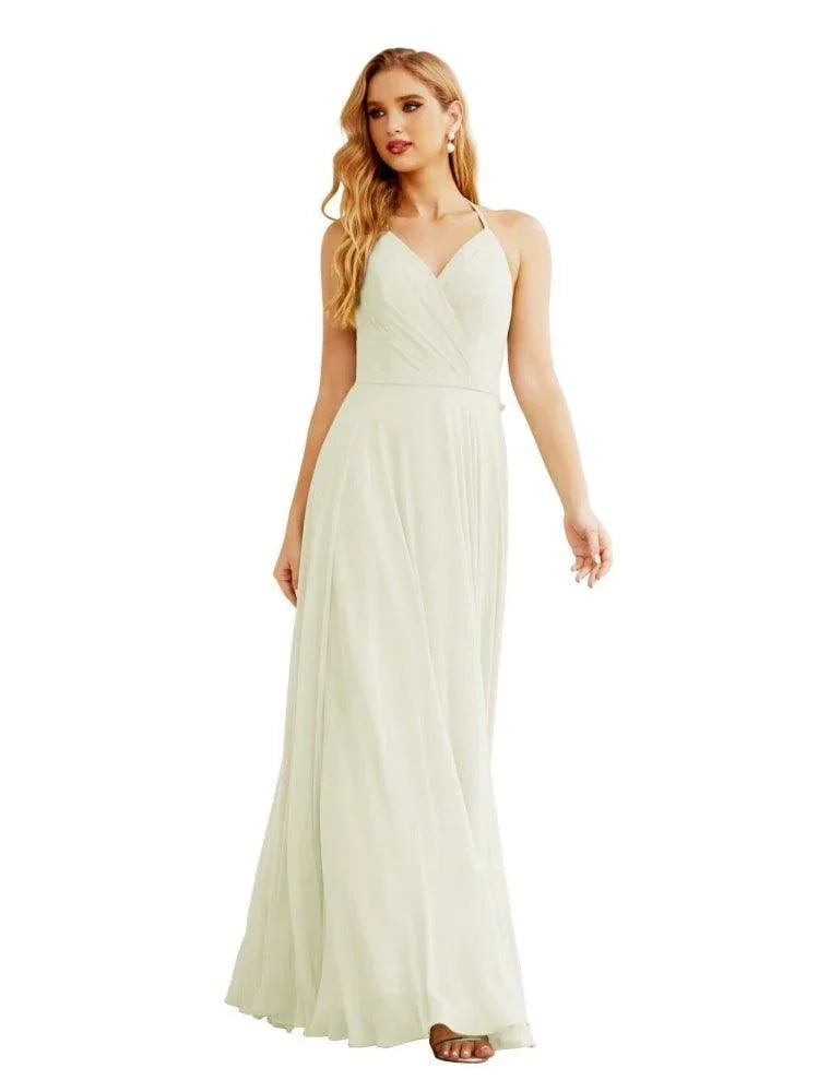 Robes de demoiselle d'honneur en mousseline à col licou pour femmes Vêtements de mariage Robe longue sans manches formelle de bal avec dos à volants SEA28035