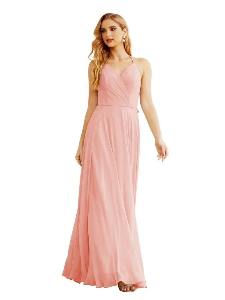 Robes de demoiselle d'honneur en mousseline à col licou pour femmes Vêtements de mariage Robe longue sans manches formelle de bal avec dos à volants SEA28035