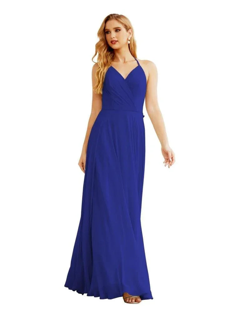 Robes de demoiselle d'honneur en mousseline à col licou pour femmes Vêtements de mariage Robe longue sans manches formelle de bal avec dos à volants SEA28035