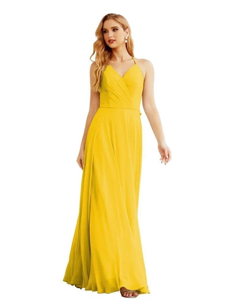 Robes de demoiselle d'honneur en mousseline à col licou pour femmes Vêtements de mariage Robe longue sans manches formelle de bal avec dos à volants SEA28035