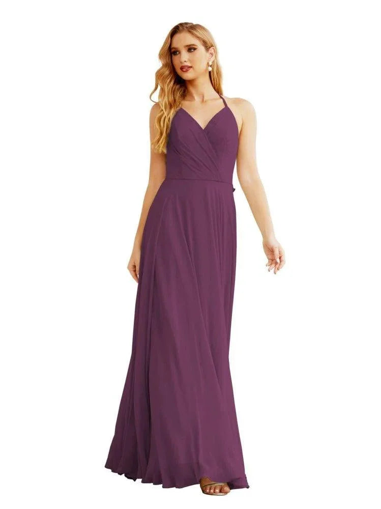 Robes de demoiselle d'honneur en mousseline à col licou pour femmes Vêtements de mariage Robe longue sans manches formelle de bal avec dos à volants SEA28035