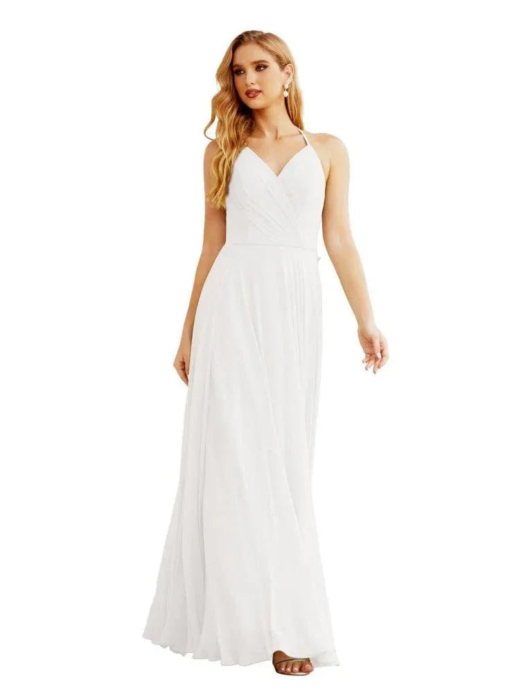 Robes de demoiselle d'honneur en mousseline à col licou pour femmes Vêtements de mariage Robe longue sans manches formelle de bal avec dos à volants SEA28035