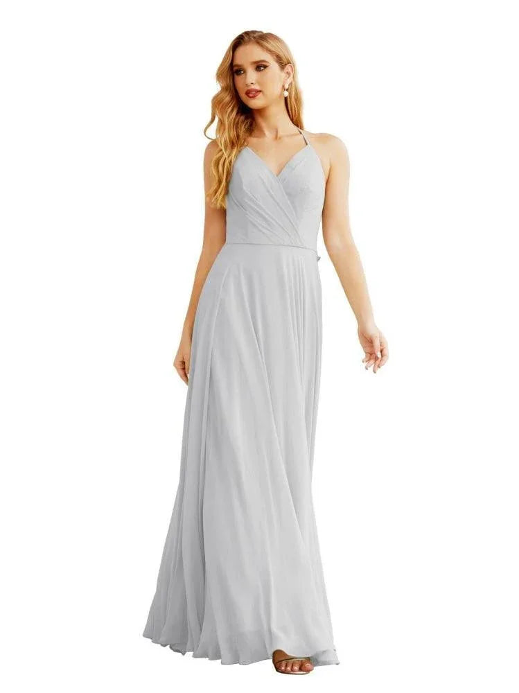 Robes de demoiselle d'honneur en mousseline à col licou pour femmes Vêtements de mariage Robe longue sans manches formelle de bal avec dos à volants SEA28035