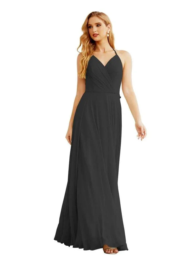 Robes de demoiselle d'honneur en mousseline à col licou pour femmes Vêtements de mariage Robe longue sans manches formelle de bal avec dos à volants SEA28035