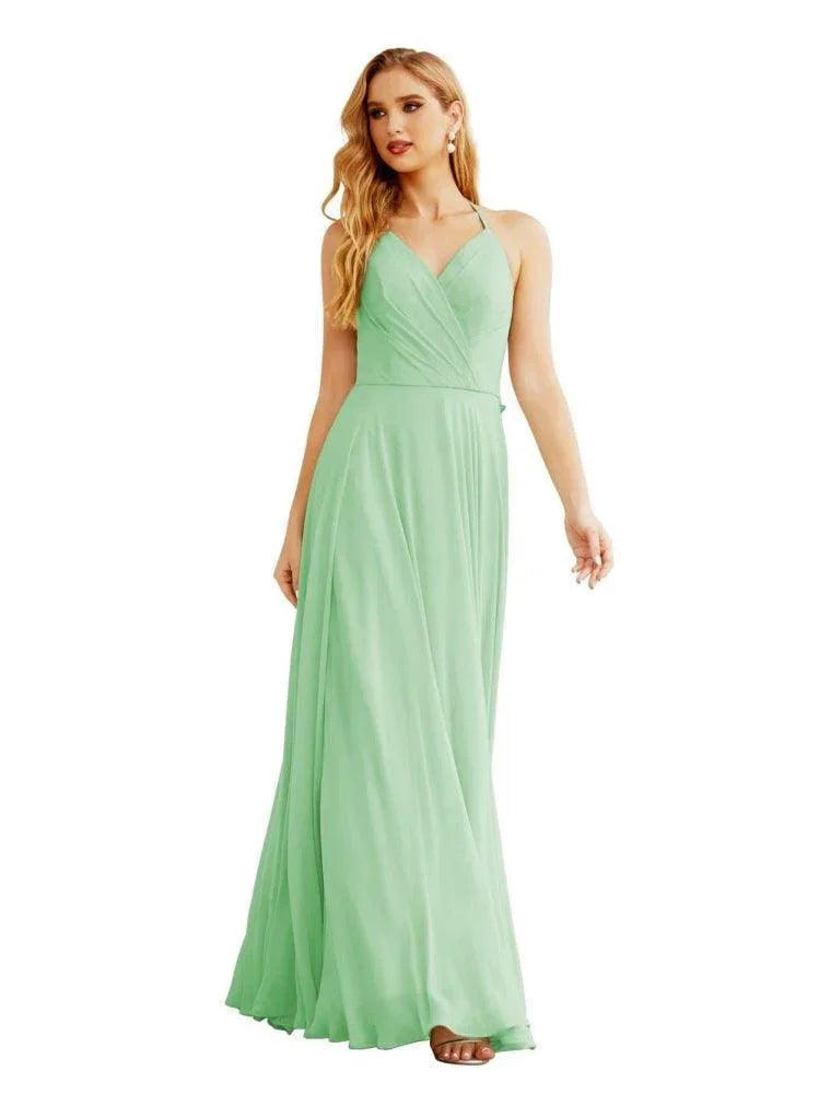 Robes de demoiselle d'honneur en mousseline à col licou pour femmes Vêtements de mariage Robe longue sans manches formelle de bal avec dos à volants SEA28035