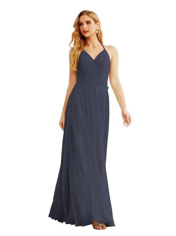 Robes de demoiselle d'honneur en mousseline à col licou pour femmes Vêtements de mariage Robe longue sans manches formelle de bal avec dos à volants SEA28035