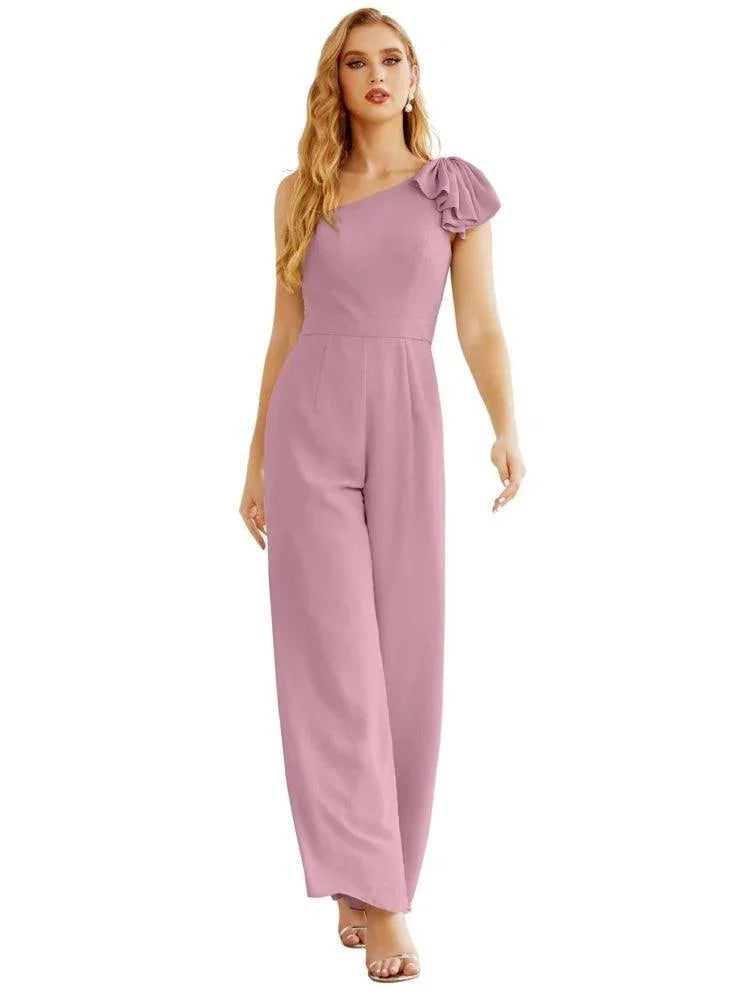 Combinaison longue en mousseline à une épaule pour femme Robe de soirée formelle Robes longues de demoiselle d'honneur Pantalon pour fête de mariage SEA28034