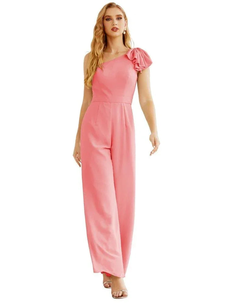 Combinaison longue en mousseline à une épaule pour femme Robe de soirée formelle Robes longues de demoiselle d'honneur Pantalon pour fête de mariage SEA28034