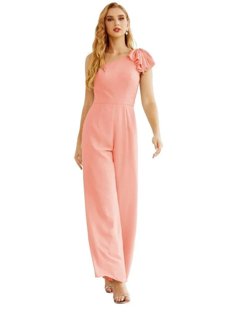 Combinaison longue en mousseline à une épaule pour femme Robe de soirée formelle Robes longues de demoiselle d'honneur Pantalon pour fête de mariage SEA28034
