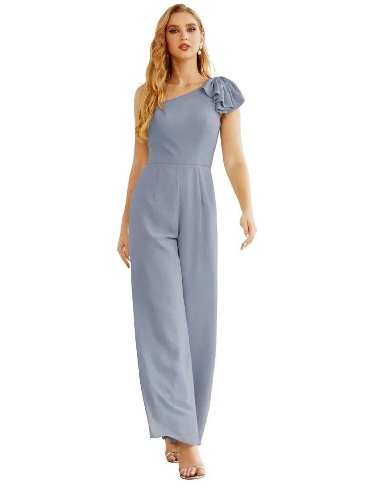 Combinaison longue en mousseline à une épaule pour femme Robe de soirée formelle Robes longues de demoiselle d'honneur Pantalon pour fête de mariage SEA28034