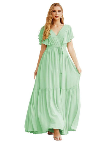 Women's Open Back Formal Evening Party Prom Gowns V-Neck Long Chiffon Bridesmaid Dresses with Waist Belt SEA28038