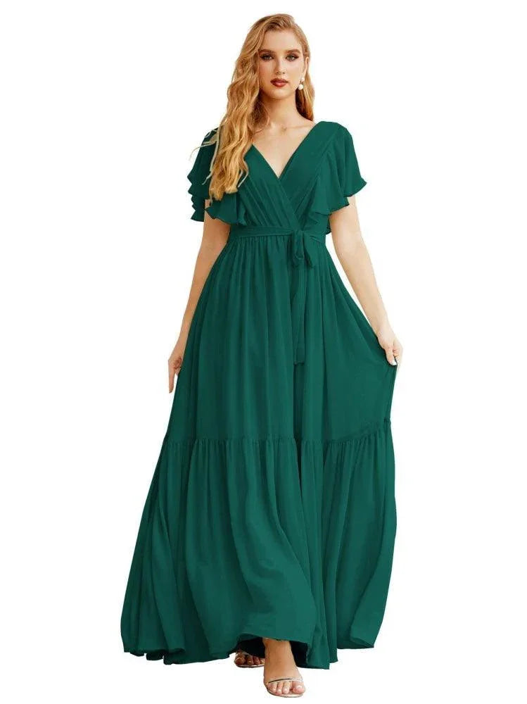 Robes de soirée formelles pour femmes à dos ouvert, col en V, longues en mousseline, robes de demoiselle d'honneur avec ceinture à la taille SEA28038