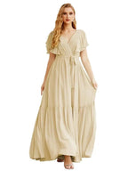 Women's Open Back Formal Evening Party Prom Gowns V-Neck Long Chiffon Bridesmaid Dresses with Waist Belt SEA28038 by numbersea