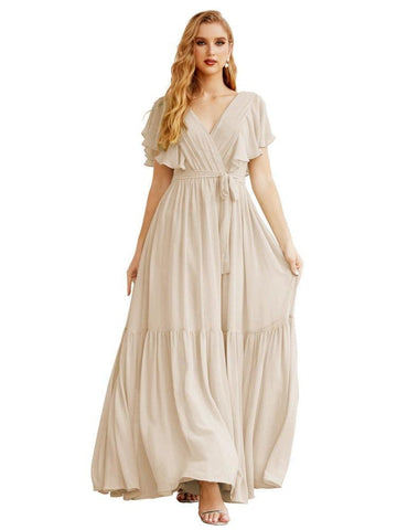 Women's Open Back Formal Evening Party Prom Gowns V-Neck Long Chiffon Bridesmaid Dresses with Waist Belt SEA28038