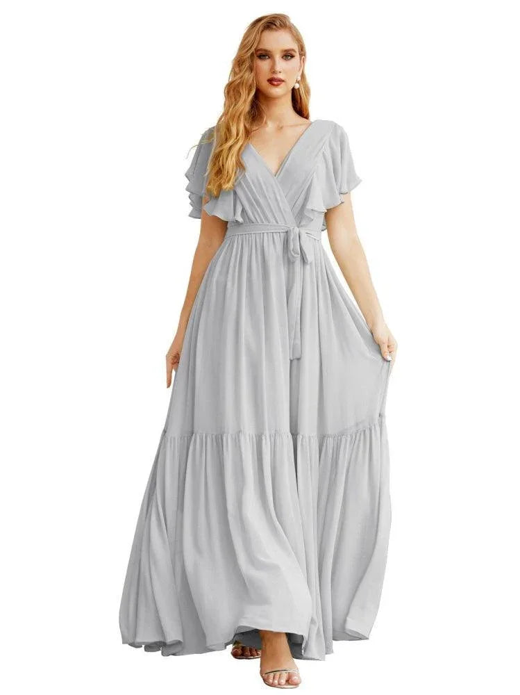 Robes de soirée formelles pour femmes à dos ouvert, col en V, longues en mousseline, robes de demoiselle d'honneur avec ceinture à la taille SEA28038