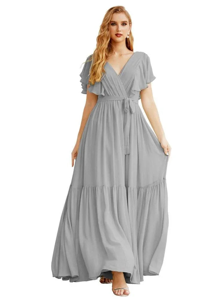 Robes de soirée formelles pour femmes à dos ouvert, col en V, longues en mousseline, robes de demoiselle d'honneur avec ceinture à la taille SEA28038