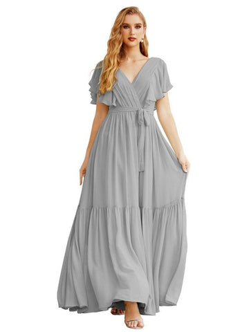 Women's Open Back Formal Evening Party Prom Gowns V-Neck Long Chiffon Bridesmaid Dresses with Waist Belt SEA28038