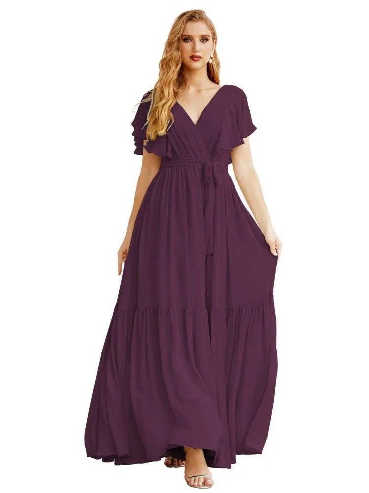 Robes de soirée formelles pour femmes à dos ouvert, col en V, longues en mousseline, robes de demoiselle d'honneur avec ceinture à la taille SEA28038