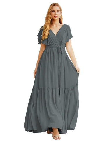 Women's Open Back Formal Evening Party Prom Gowns V-Neck Long Chiffon Bridesmaid Dresses with Waist Belt SEA28038