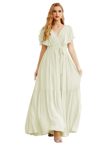 Women's Open Back Formal Evening Party Prom Gowns V-Neck Long Chiffon Bridesmaid Dresses with Waist Belt SEA28038