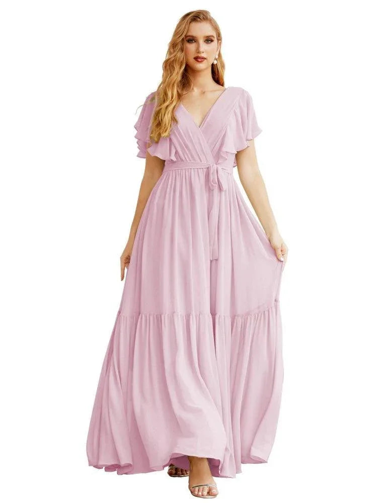 Robes de soirée formelles pour femmes à dos ouvert, col en V, longues en mousseline, robes de demoiselle d'honneur avec ceinture à la taille SEA28038