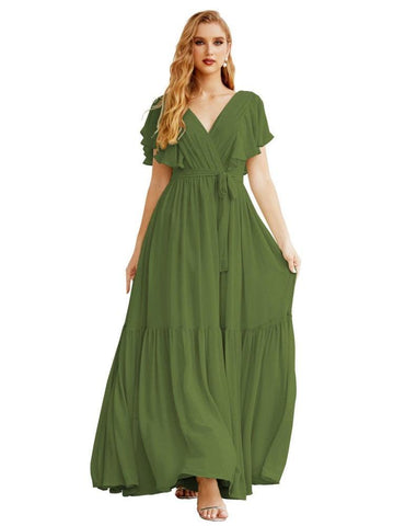 Women's Open Back Formal Evening Party Prom Gowns V-Neck Long Chiffon Bridesmaid Dresses with Waist Belt SEA28038