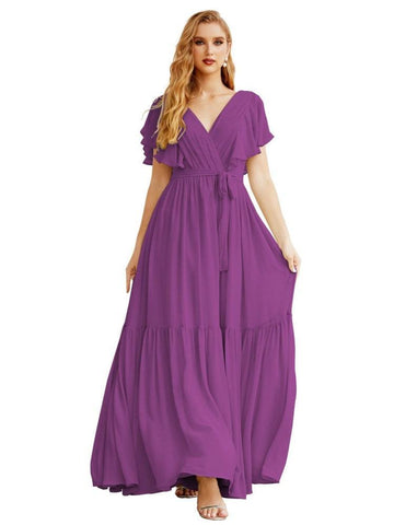 Women's Open Back Formal Evening Party Prom Gowns V-Neck Long Chiffon Bridesmaid Dresses with Waist Belt SEA28038