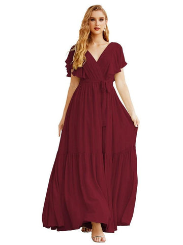 Women's Open Back Formal Evening Party Prom Gowns V-Neck Long Chiffon Bridesmaid Dresses with Waist Belt SEA28038