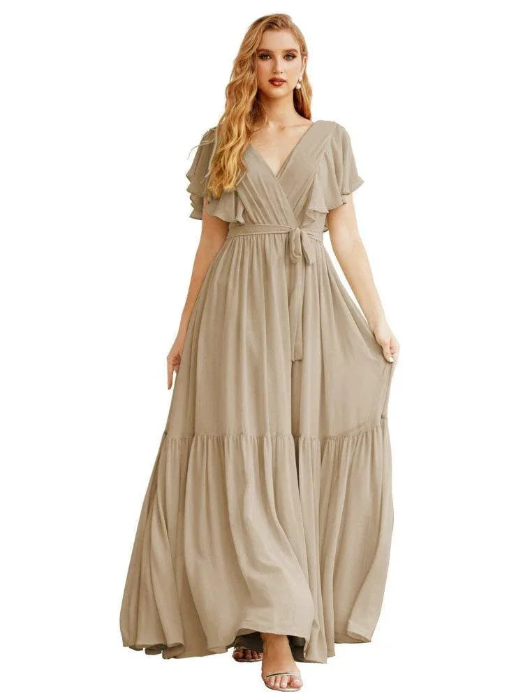 Robes de soirée formelles pour femmes à dos ouvert, col en V, longues en mousseline, robes de demoiselle d'honneur avec ceinture à la taille SEA28038