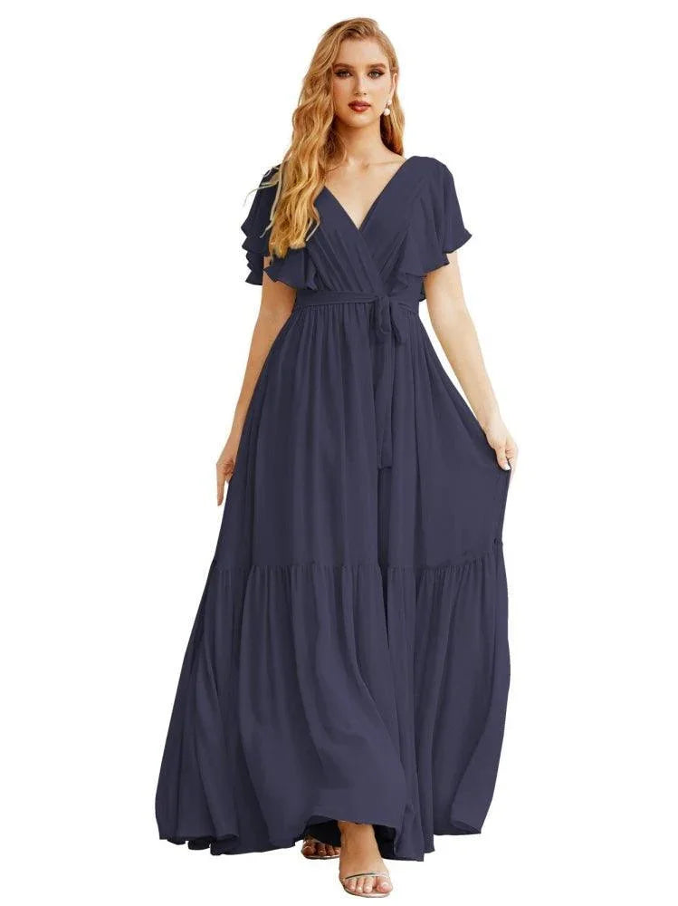 Robes de soirée formelles pour femmes à dos ouvert, col en V, longues en mousseline, robes de demoiselle d'honneur avec ceinture à la taille SEA28038