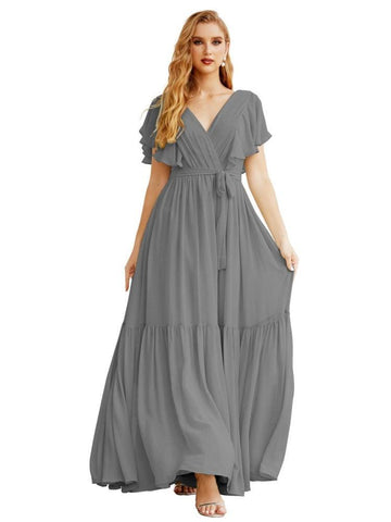 Women's Open Back Formal Evening Party Prom Gowns V-Neck Long Chiffon Bridesmaid Dresses with Waist Belt SEA28038