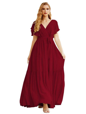 Women's Open Back Formal Evening Party Prom Gowns V-Neck Long Chiffon Bridesmaid Dresses with Waist Belt SEA28038