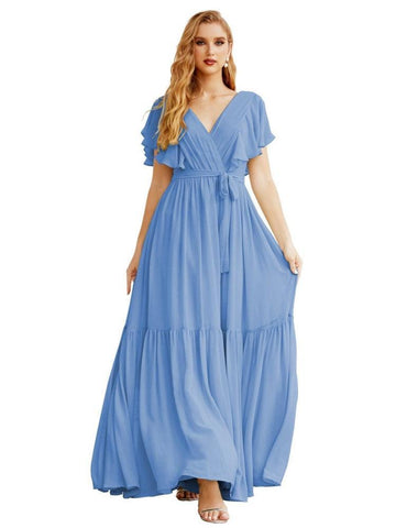 Women's Open Back Formal Evening Party Prom Gowns V-Neck Long Chiffon Bridesmaid Dresses with Waist Belt SEA28038