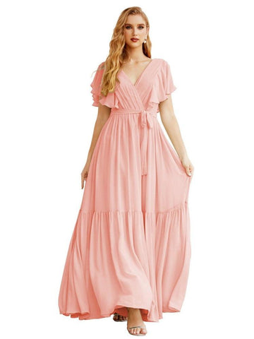 Women's Open Back Formal Evening Party Prom Gowns V-Neck Long Chiffon Bridesmaid Dresses with Waist Belt SEA28038