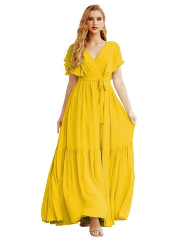 Women's Open Back Formal Evening Party Prom Gowns V-Neck Long Chiffon Bridesmaid Dresses with Waist Belt SEA28038