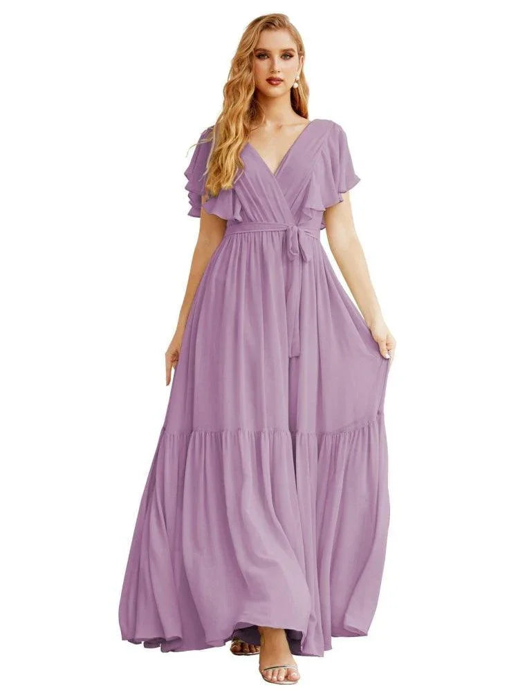 Robes de soirée formelles pour femmes à dos ouvert, col en V, longues en mousseline, robes de demoiselle d'honneur avec ceinture à la taille SEA28038