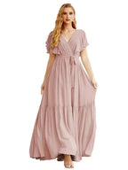 Women's Open Back Formal Evening Party Prom Gowns V-Neck Long Chiffon Bridesmaid Dresses with Waist Belt SEA28038 by numbersea