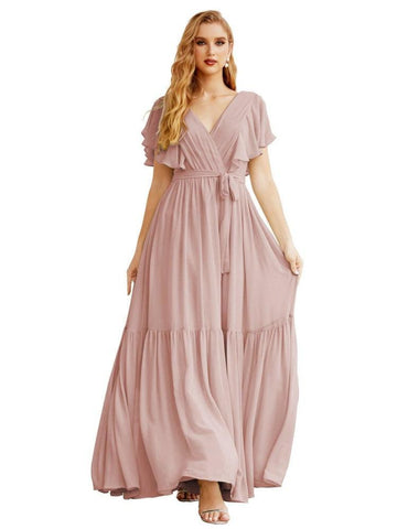 Women's Open Back Formal Evening Party Prom Gowns V-Neck Long Chiffon Bridesmaid Dresses with Waist Belt SEA28038